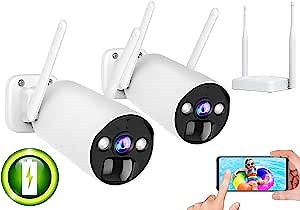 4MP Battery Powered Wireless CCTV System, 2K Outdoor Home Surveillance Camera Set with Base Station, 2 Security Cameras, PIR Motion Detection, 2-Way Audio, and Remote Control