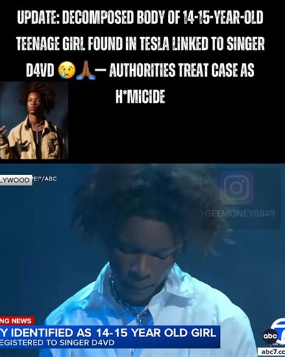 Gee money on Instagram: "Update on the shocking case involving singer D4vd (David Anthony Burke): Authorities discovered the decomposed body of a 14-15-year-old teenage girl in the front trunk of a Tesla registered to him. The car had been abandoned in Hollywood Hills and later towed to a Los Angeles impound lot, where workers noticed a foul odor that led to the discovery 😢. The victim, whose name has not been released pending family notification, was described as having wavy black hair, standi