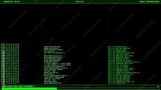 Classic green scrolling hacker terminal with CRT scanlines. Displays columns of hex code, script syntax, and system logs, culminating in a root access granted screen.