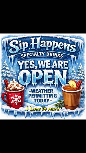 YES WE ARE OPEN Hey Sip Happens family 💙❄️⚠️ We know the weather outside is looking pretty scary today 🌬️🥶 and we hope everyone is staying safe and prepared — or getting prepared if you haven’t already 🧣🧤 We’ve shared a separate post with warming stations and local resources 🏠❤️, so please be sure to check that out! With that being said — YES, WE ARE OPEN today 🙌☕ ✨ Weather permitting ✨ Please keep an eye on our social media 📱👀 because if at any point it becomes unsafe for our staff or 