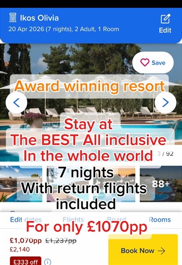 Ikos Olivia in Greece is an award winning hotel and has been rated the best all inclusive in the whole world 🌍 You can spend 7 nights at this award winning resort from only £1070pp. Follow & Comment down below if you would like the direct link to this awesome deal! #ikos #allinclusive #traveldeals #traveltok #greece