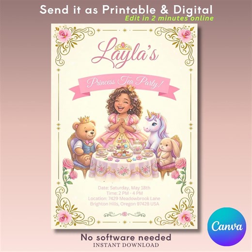 Princess Tea Party Invitation, Magical Birthday Invite Template, Royal Tea Party Girl, Editable Pink Floral Unicorn Bear Stationery, Digital