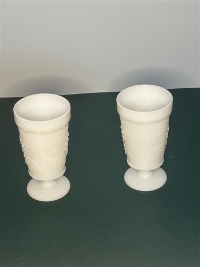 Vintage Anchor Hocking Milk Glass White Glasses/tumbler Pair Pedestal With Grapes & Vines - Etsy