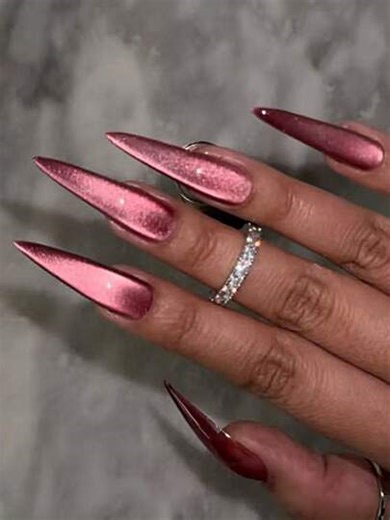 24pcs Long Stiletto Crystal Red Cat Eye Tip Acrylic Press On Nails XXL Long Fit Perfectly False Nails Set ,Include: 1pc Jelly Glue And 1pc Nail File, Cat Eye Nails For Women And Girls Daily Life And Rave Party Use | SHEIN