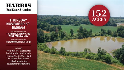 📢 Absolute Real Estate Auction 🌾 152± ACRES • 8 TRACTS 📅 Thursday, November 6, 2025 At 10:00 AM 📍 Fisher Road/HWY 305, West Paducah, KY 📍 Auction Held At: The Commonwealth Event Center | Harris Real Estate & Auction