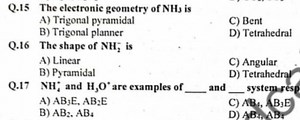 Q. 15 The electronic geometry of \mathrm { NH } _ { 3 } isA) T... | Filo