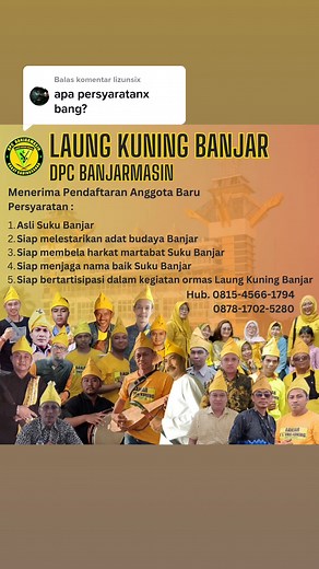 Membalas @lizunsix Apa itu Laung Kuning Banjar ? Suatu Perkumpulan Urang Asli Banjar yang bergerak melestarikan adat, budaya dan seni tradisional Banjar dengan tujuan memperjuangkan hak-hak masyarakat Banjar dan mengangkat harkat martabat Urang Banjar sebagai pribumi Kalimantan. #LaungKuningBanjar #AdatBanjar #BudayaBanjar #SukuBanjar #UrangBanjar #Banjarmasin #Kalsel #Kalimantan