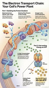 This infographic explains how the Electron Transport Chain (ETC) in mitochondria converts energy from NADH and FADH₂ into ATP. As electrons move through protein complexes, protons are pumped across the inner mitochondrial membrane, creating a proton gradient. Oxygen acts as the final electron acceptor, forming water, while the return flow of protons through ATP synthase drives the production of a massive yield of ATP (about 30–34 ATP), powering cellular activities. #ElectronTransportChain #Cellu