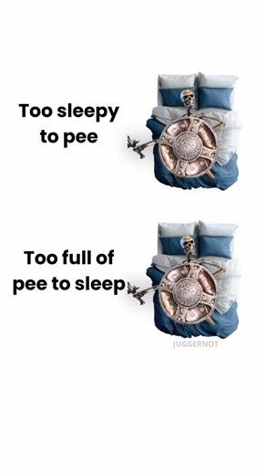 Follow @juggernot4_ for the funny! This goofy ahh meme shows the eternal 2am struggle between sleep and a full bladder. Using the skeleton banging shield meme template, the joke escalates as you’re stuck in a loop of being too sleepy to pee but too full of pee to actually fall asleep. It captures that painfully relatable nighttime paralysis where you just lie there suffering instead of getting up. The vibe is exhausted, absurd, and deeply internet-coded misery. #memes #funny #comedy #humor | Jug