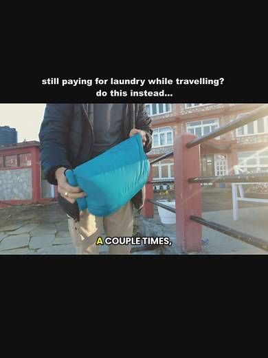 You’re wasting money unless you’re doing this while traveling. Overpacking just to pay to wash it later? Nope. I wash all my clothes in a dry bag. A ~13L (or bigger) dry bag laundry sheets is a game changer. Here’s how I do it: • toss dirty clothes in • tear up 1–2 dry laundry sheets • add water & seal the roll-top • shake for 2–5 minutes • dump & repeat 3–4 times until water runs clear Lightweight clothes = faster drying. Hang to air dry or in the sun (check your fabric first). My bag has a sem