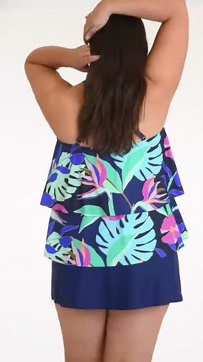 Maxine Plus Size Jungle Oasis High Neck Tiered Ruffle Tankini Top | SwimOutlet.com