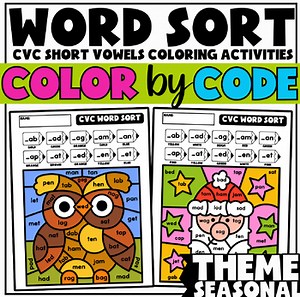 CVC Word Sort Coloring Activities Bundle | Short Vowel Word Families