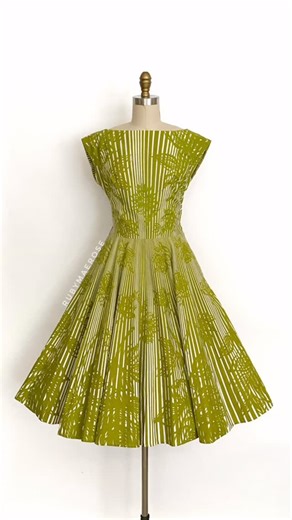 Ruby Mae Rose on Instagram: "• 50s rose stripe cotton day dress • absolutely amazing optical stripe floral printed cotton dress, true vintage from the 1950’s, gorgeous shade of chartreuse green with a gradation scale of stripes, roses and leaves, truly incredible, timeless fit and flare silhouette • 🐍 • rubymaerose.etsy.com"