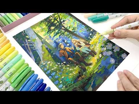 Acrylic Markers Like Gouache?🌿From Test to Full Illustration｜Relaxing Painting Video｜Paint With Me