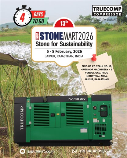 Power your operations with reliability you can trust. Meet TRUECOMP Compressor at INDIA STONEMART 2026 and experience efficient, rugged air solutions built for real work on the field. 📍 Stall No. 19 | Outdoor Machinery – 2 📅 5–8 February 2026 | JECC, Jaipur Reliable air. Real performance. See you there! 💨 #TruecompCompressor #StoneMart2026 #4DaysToGo #BuiltForReliability #AirCompressor #IndustrialCompressor #MiningEquipment #ConstructionMachinery #MakeInIndia #JaipurExpo #StoneIndustry #Power