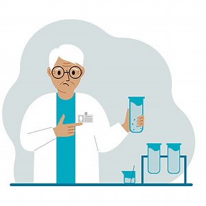 Old male scientist with flasks. Experimental scientist, laboratory...