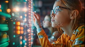 A close-up of an elementary school student in a classroom with CGI technology shows how AI can contribute to a personalized learning experience and efficiency in the education system.