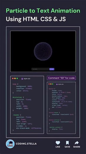 Apex Web Studio on Instagram: "Particles to 3D Text Animation Using HTML CSS A Cool Name Animation Morph JS Comment "3D" for Source code Code Credits goes to real owner [DM] !! FOLLOW US TO LEARN CODING !! Tags Your Friends Don't forget Like and share Save for future references If you found this content useful, please tap the icon and give me a follow. I would greatly appreciate it. Also, if you have any feedback, questions or concerns, let me know in the comments section. Thanks Hastags: #anima