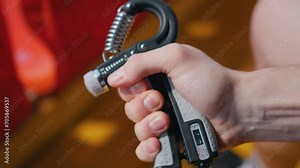 The athlete uses an hand expander. Adjustable expander exerciser.