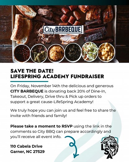 REMINDER! Come for lunch or dinner at City Barbeque and let them know you are with LSA for us to receive 20% back! Snap a picture of your fam there, and send it to casie@lifespringacademy.com to be entered into a drawing for a prize. Hope to see you there! | LifeSpring Academy
