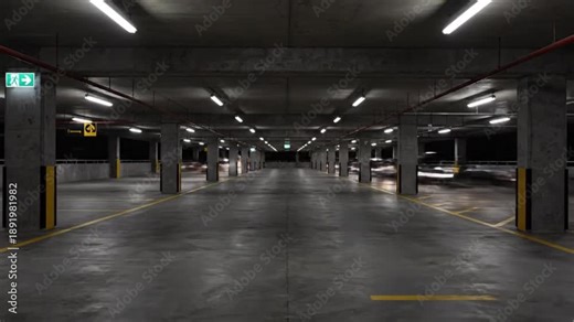 Empty parking garage interior with yellow lines, gray concrete pillars, and fluorescent lighting at night.