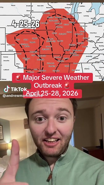 4-25-26: 🚨 A major severe weather outbreak will bring STRONG tornadoes, GIANT hail, and hurricane force winds across the central US, April 25-28, 2026 🚨 #weathertok #meteorologist #severeweather #tornado #midwest