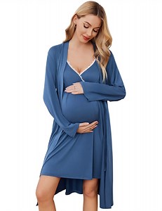Ekouaer Maternity Nursing Gown and Robe Set Nursing 3 In 1 Labor Delivery Nightgowns for Hospital Breastfeeding Gowns Grey Flower Large