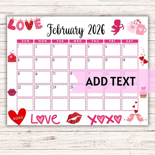 EDITABLE Printable February Calendar 2026 | Cute Valentine's Day February Calendar | Monthly Calendar | February 2026 Calendar | Fillable - Etsy