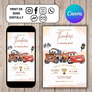 Cars Mcqueen Invitation, Lightning Mcqueen Birthday Invitation, Cars Birthday Invitation, Mcqueen Mater Invitation - Etsy