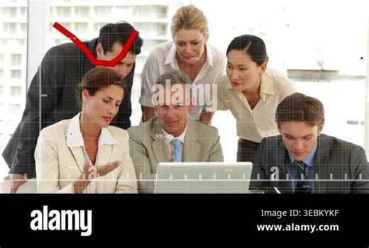 Business team leaning over laptop, lead tapping making red chart moving, tracking trend and smiling. Colleagues, collaboration, data, metrics, dashboard, office, daylight Stock Video Footage - Alamy