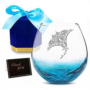 Valentines Day Wine Gifts for Women, Batoidea Ray Handmade Engraved Crackle Turquoise Wine Glass for Beach Hawaiian Gifts for Men Women