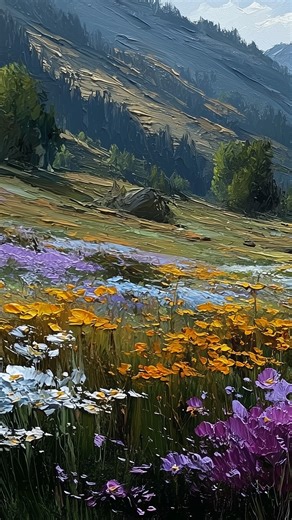 50K views · 2.4K reactions | A blooming alpine valley bathed in morning light, where every flower breathes the quiet rhythm of renewal. #art #artwork #artoftheday #artlovers #artdaily #visualart #contemporaryart #inspiration #art #artist #arte #painting #paintingart #oilpainting #midjourney #midjourneyart #aiart #aiartcommunity #midjourneyai #midjourneyaiart #acrylicpainting | Art Fans Zone | Facebook