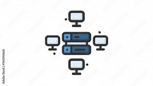 Animated data center with server and computer connected. Ideal for remote work, technology, connectivity concepts in business presentations, educational materials marketing collaterals and database