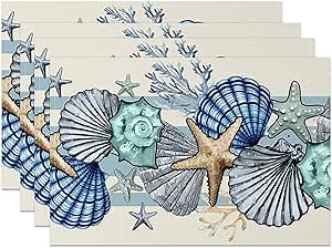 Sea Shell Starfish Beach Placemats Set of 4, 12x18 Inch Seasonal Spring Ocean Coastal Washable Linen Nautical Table Mats for Party Kitchen Dining Decoration