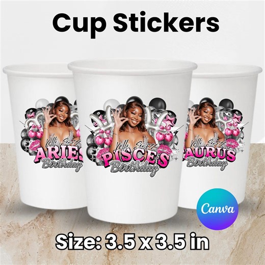 Styrofoam Cup Sticker Template, Pink Birthday Sticker Template All Zodiac Signs, Birthday Party Sticker Template Pink and Black Birthday Cup - Etsy