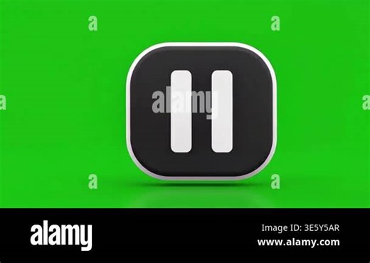 A realistic 3D rendered pause button icon with a black background and white vertical lines, set against a vibrant green screen Stock Video Footage - Alamy