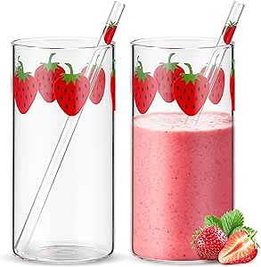 Tessco for you 2 Sets Strawberry Cups Nana Strawberry Glass Cup with Straw Glass Tumbler Drinking Cherry Clear Tumbler Berry Pattern Glasses Bottle for Juice Water Milk Coffee Tea(Elegant)