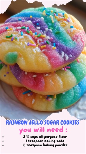 Rainbow Jello Sugar Cookies Soft & Chewy Rainbow Jello Sugar Cookies with a Fruity Twist Ingredients: 2 ¾ cups all-purpose flour 1 teaspoon baking soda ½ teaspoon baking powder ½ teaspoon salt 1 cup unsalted butter, softened 1 ½ cups granulated sugar 1 large egg 1 teaspoon pure vanilla extract 4 different Jello flavors (about 3 oz each – red, orange, yellow, blue) Food coloring (optional, to enhance each Jello color) Extra sugar for rolling Directions: Preheat your oven to 350°F (175°C) and line