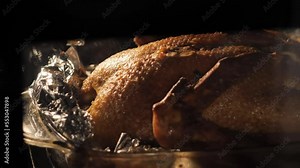 Cooking a whole duck in the oven. Roasting meat in the oven for a special dinner and holiday celebration. Close-up of the crust of a roasted bird during frying. Cooking in home kitchen in a gas stove