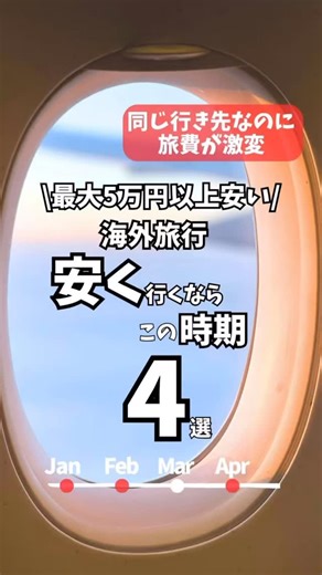 emmy✈︎節約×おしゃれ海外旅 on Instagram: "【保存必須】海外旅行は“出発のタイミング”で 同じ行き先でも最大5万円以上変わる…！ 今日は 1年でいちばん安い4つの時期 をまとめました✈️ 航空券を買う前に絶対チェックしてほしい✅ ✔ 正月明け〜2月 ✔ 4月上旬〜中旬 ✔ GW明け〜6月 ✔ 10月 この時期は航空券もホテルも落ちやすく、 ヨーロッパ・アジア・アメリカ全部お得に行けます☺️ 【保存】して次の旅行の参考に✈️✨ ※航空券の参考価格について：2025/12/3時点のトリップドットコム検索時に基づいているため、価格は変動する可能性もございます。 一 ▼他にも海外旅情報発信中 @emmy_cospa_trip ←他の投稿はコチラ \【節約×おしゃれ】で叶える"高コスパ"海外旅行✈️/ ◎海外渡航20回以上【低予算でも満足度MAX】をモットーに旅先＆節約術を発信 ◎アジア多め【誰でも真似しやすい】旅の裏技 →ホテル1万円以下でも贅沢気分、航空券の抑え方もまとめ中 ◎住宅手当•ボーナスなしの低収入OLでも、海外旅行は諦めない！ #海外旅行 #海外旅行初心者 #旅