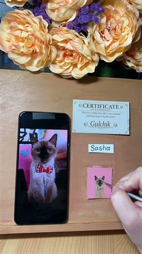 Custom pet portraits, pet memorials by photo, certificates and painting process videos.