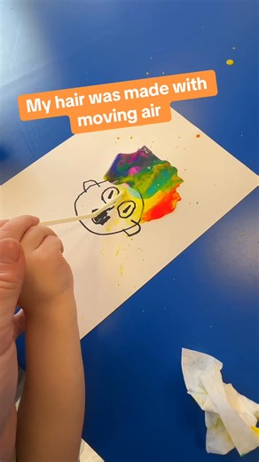 “My Hair Was Made with Moving Air!” 🌬️🎨 Here’s a quick, fun art project we did during our wind theme. Kids drew silly faces with permanent markers, then we added dots of thin, watery paint at the top of each head. Using straws, students blew the paint forward to create wild, colorful, wind-blown hair! Easy prep, big giggles, and instant art for our walls. | Preschool Vibes