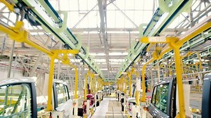 Car manufacturing industry. Assembly line of car parts. Row of car doors