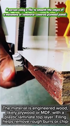 A person using a file to smooth the edges of a melamine or laminate-covered plywood panel.