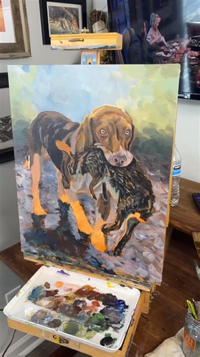 Jess Patton Art on Instagram: "Kawliga 16 x 20 Acrylic Original on Canvas All the colors are going into this portrait. I’ve been spending the last week working on JB Mauney and it has been a struggle. Mastering human skin is not easy when working in acrylic paint. Switching over to something I’m more familiar with has gotten me back in the groove. I’m hoping this portrait reaches a new group of customers. Hunters, send over some of your favorite pictures with your dogs. #hunting #beagle #rabbit