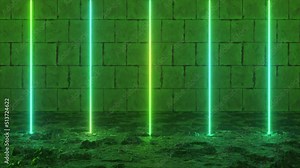 Vertical luminous lines, ultraviolet spectrum, green neon lights, laser show, nightclub, equalizer, abstract fluorescent background, optical illusion, virtual reality. Seamless loop