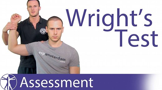 WRIGHTS TEST FOR THORACIC OUTLET SYNDROME (TOS) - SUBCORACOID TUNNEL AND COSTOCLAVICULAR SPACE The Wright's test is a test for thoracic outlet syndrome (TOS) and consits of two phases: In the first phase you are putting stress on the subcoracoid tunnel under the tendon of the pectoralis minor. In the second step, you are hyperabducting the arm and thus stressing the costoclavicular space. Both sites are interfaces where the brachial plexus might get compressed. | Physiotutors