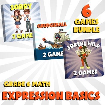 6 No Prep Math Games Bundle C - Expression Basics - Grade 6 Review Activity