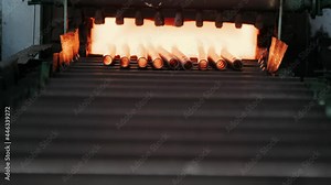 Steel Seamless Pipe Production Line. Hot Metal Tubes. Heavy Industry. Metal tube production line at metal factory. Hot steel pipe production line. Steel seamless pipe production process. Red hot metal