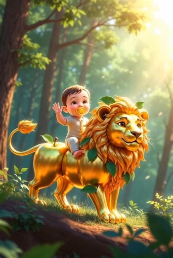 Little baby having fun on a magical apple lion 🦁🍎, full of colors and joy!